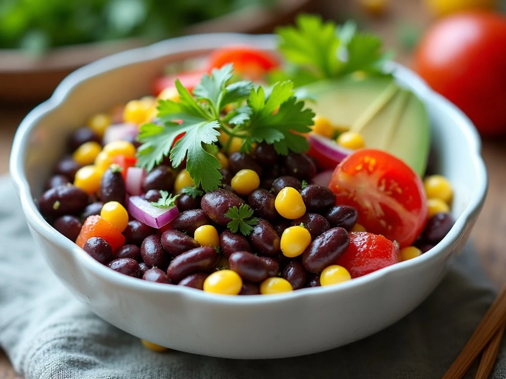 Colorful healthy black bean salad served in a bowl
