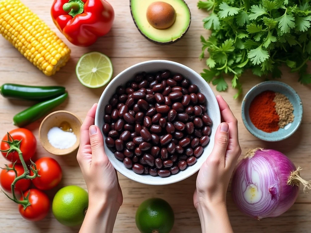 Ingredients for easy black bean salad and lime dressing