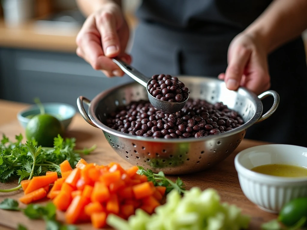 Rinsed black beans and fresh vegetables prepared for salad