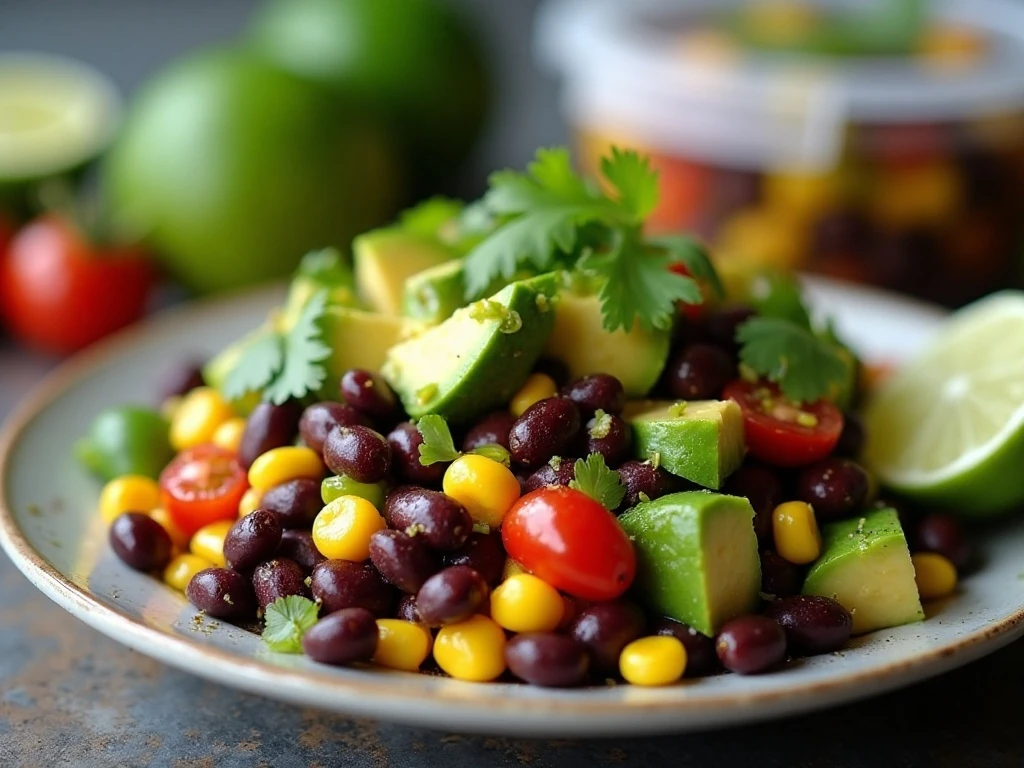 Close-up of fresh black bean salad with avocado and cilantro
