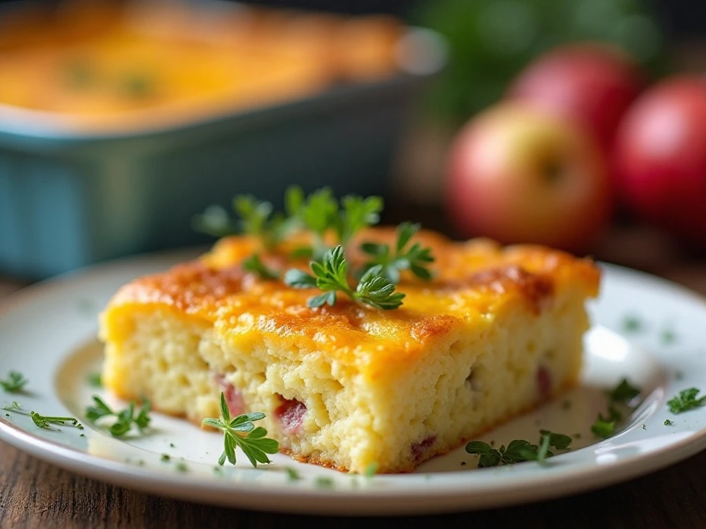 Serving a breakfast casserole with fresh garnish and fruit
