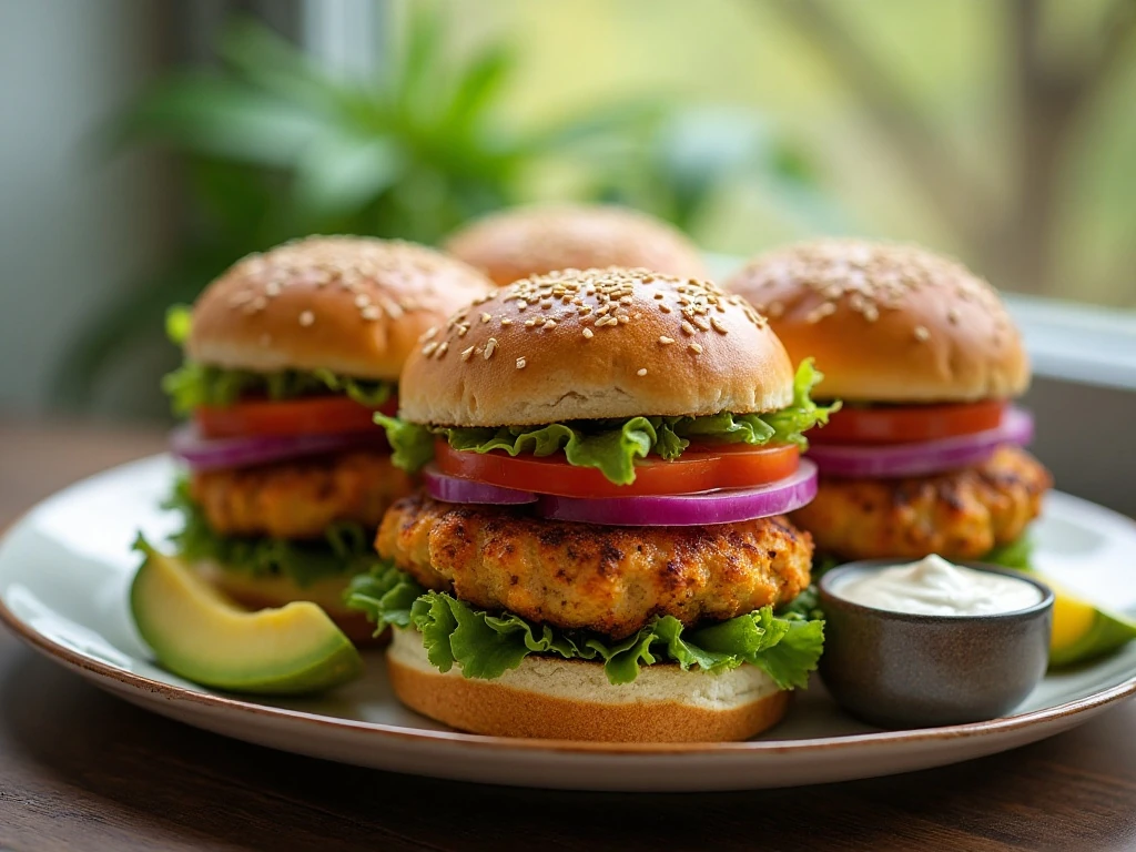 Juicy healthy chicken burgers served on whole-grain buns with fresh toppings