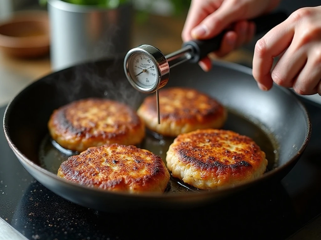 Chicken burger patties cooking in a skillet until browned and juicy