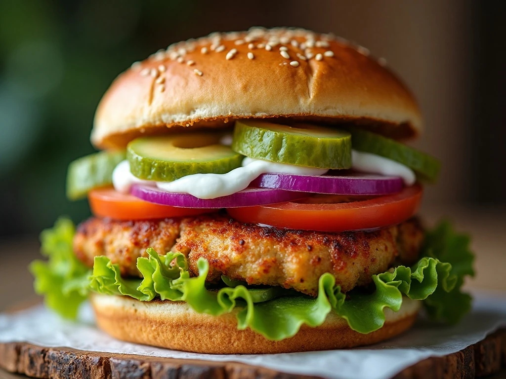 Fresh toppings piled onto a healthy chicken burger