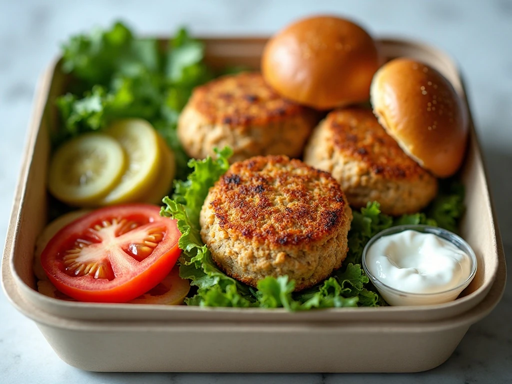 Stored chicken burger patties with fresh toppings for reheating