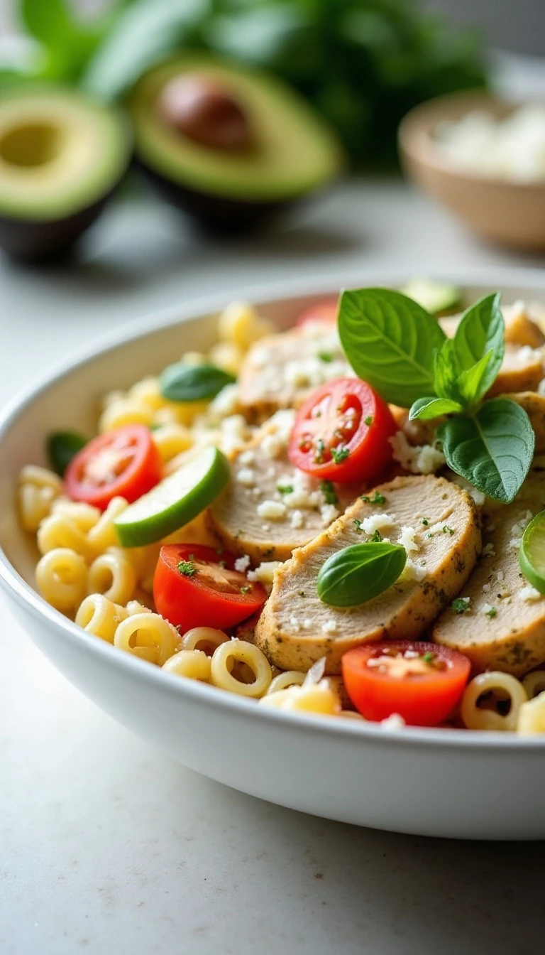 Healthy Chicken Pasta Salad with Pesto, Avocado, and Tomato