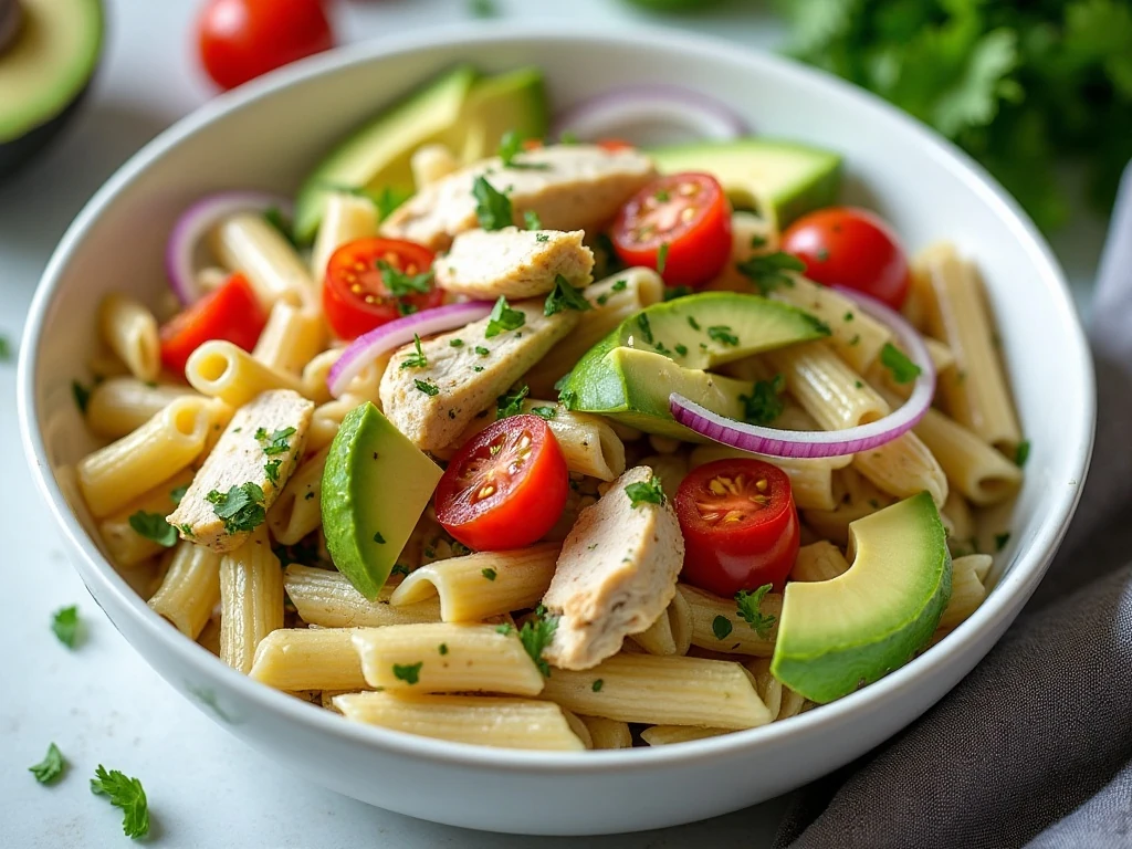 Healthy chicken pasta salad with pesto, avocado, tomatoes, and whole-wheat pasta