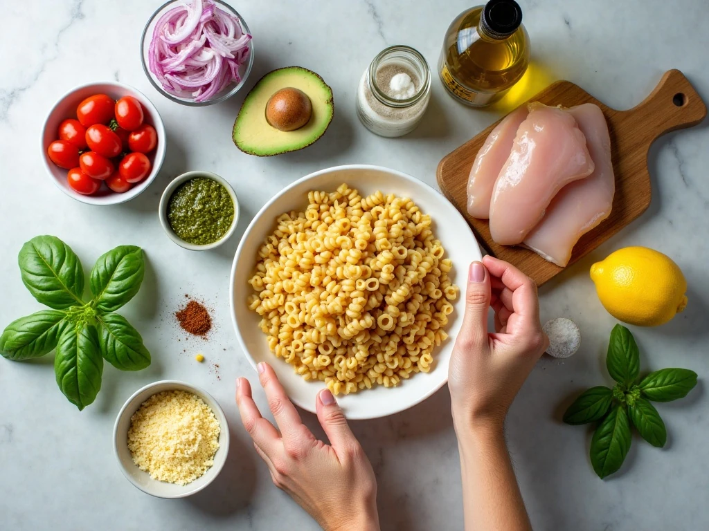 Ingredients for chicken pesto pasta salad arranged on a kitchen counter