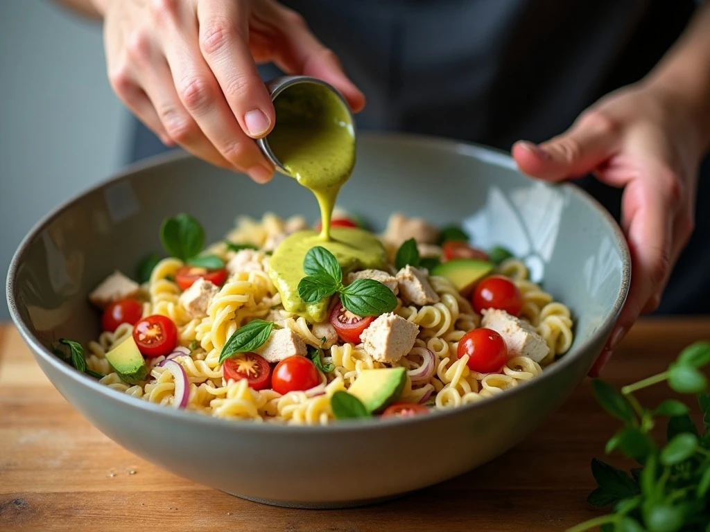 Preparing chicken and vegetables for pesto pasta salad