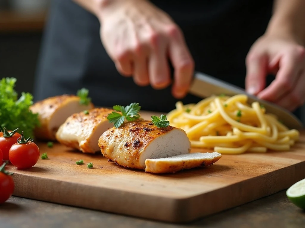 Slicing cooked chicken and preparing al dente pasta for salad