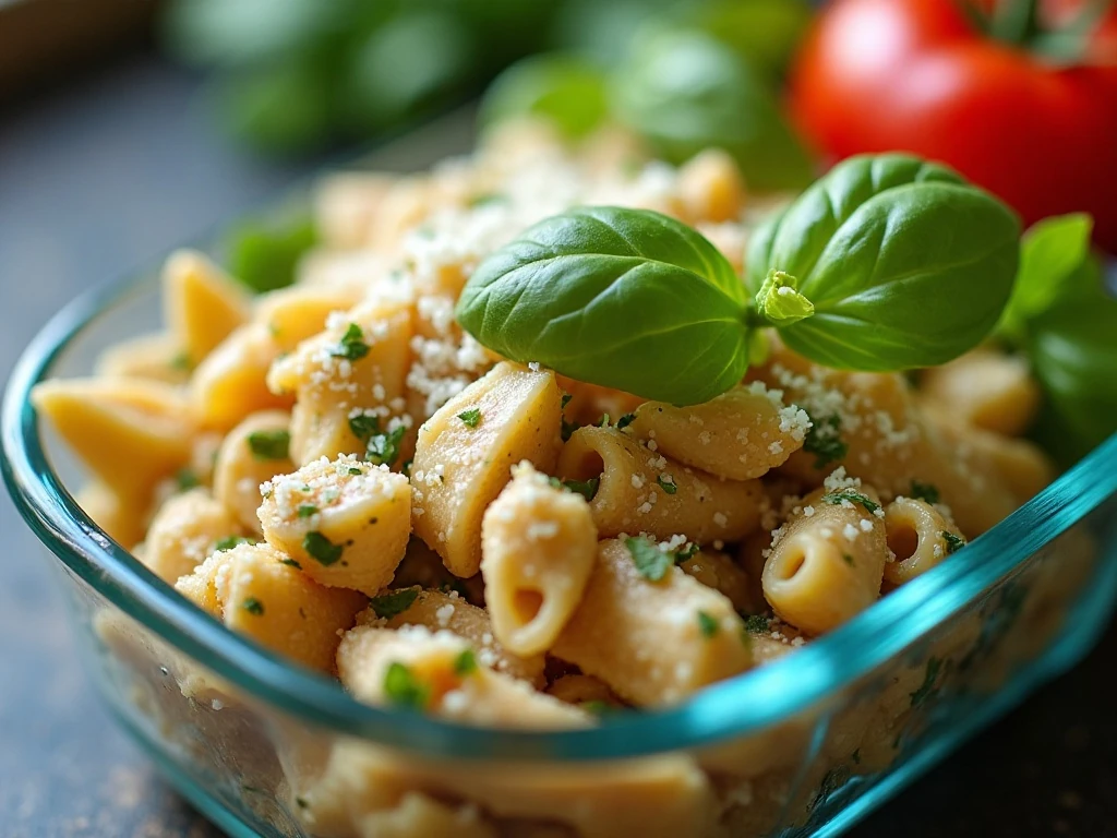 Make-ahead chicken pasta salad stored for lunch