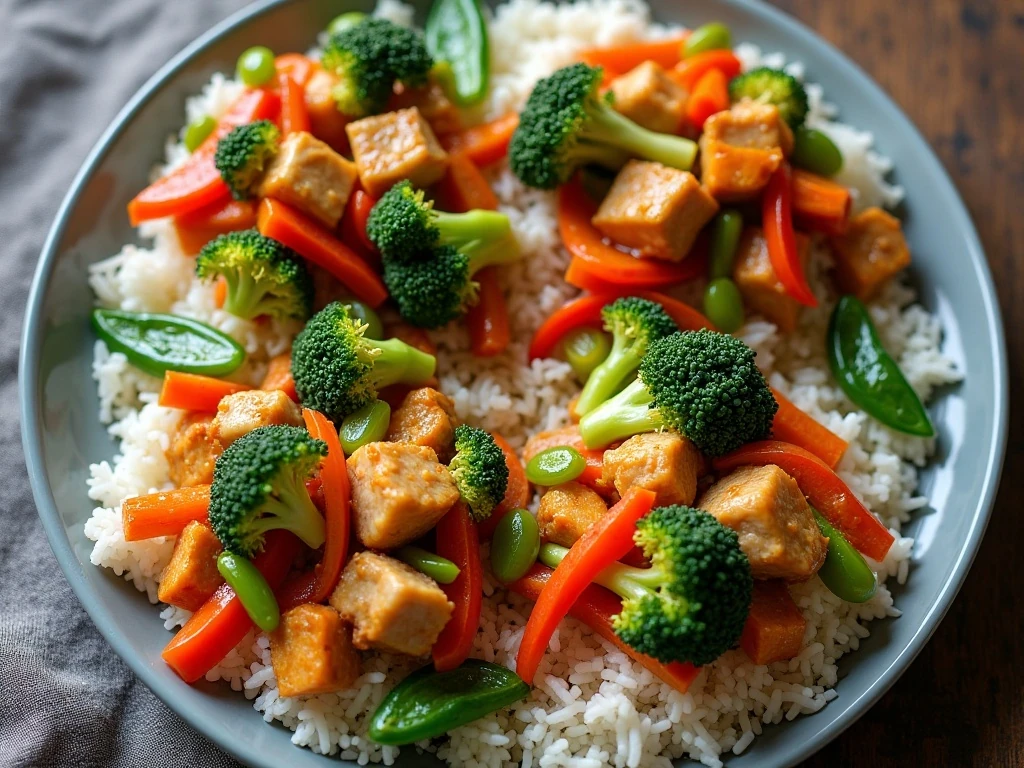 Healthy chicken stir-fry with colorful vegetables served over rice