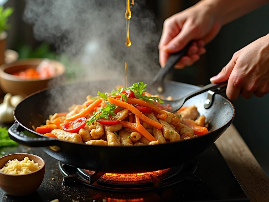 Chicken and vegetables cooking in a wok for stir-fry