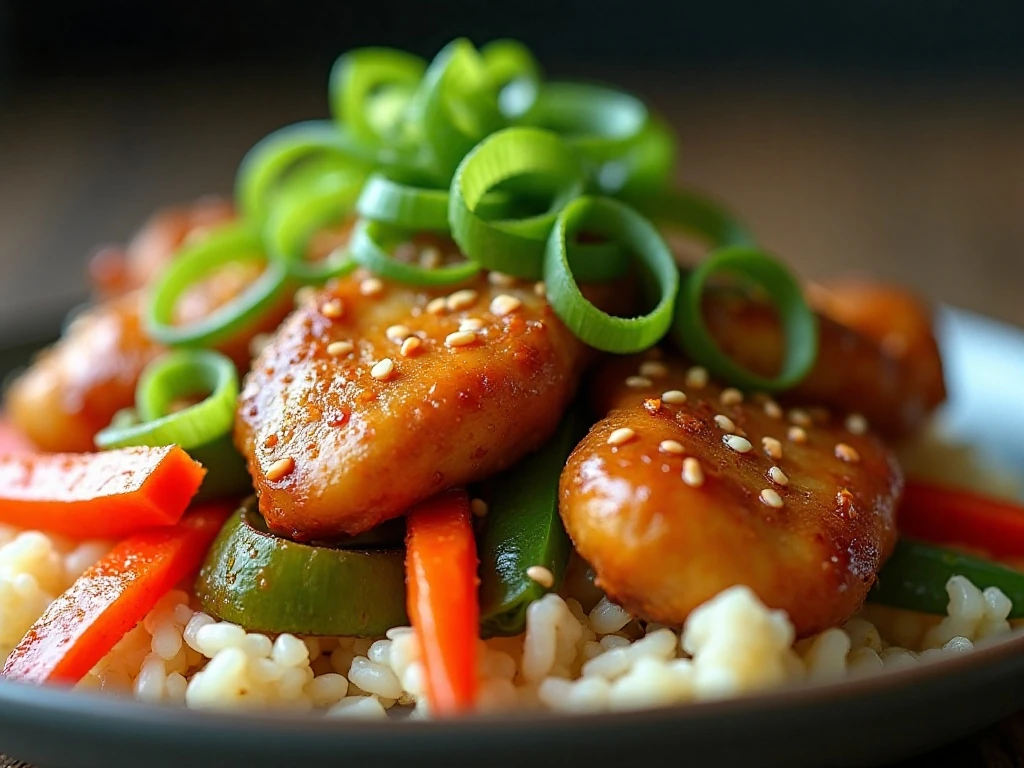Chicken stir-fry garnished with green onions and sesame seeds