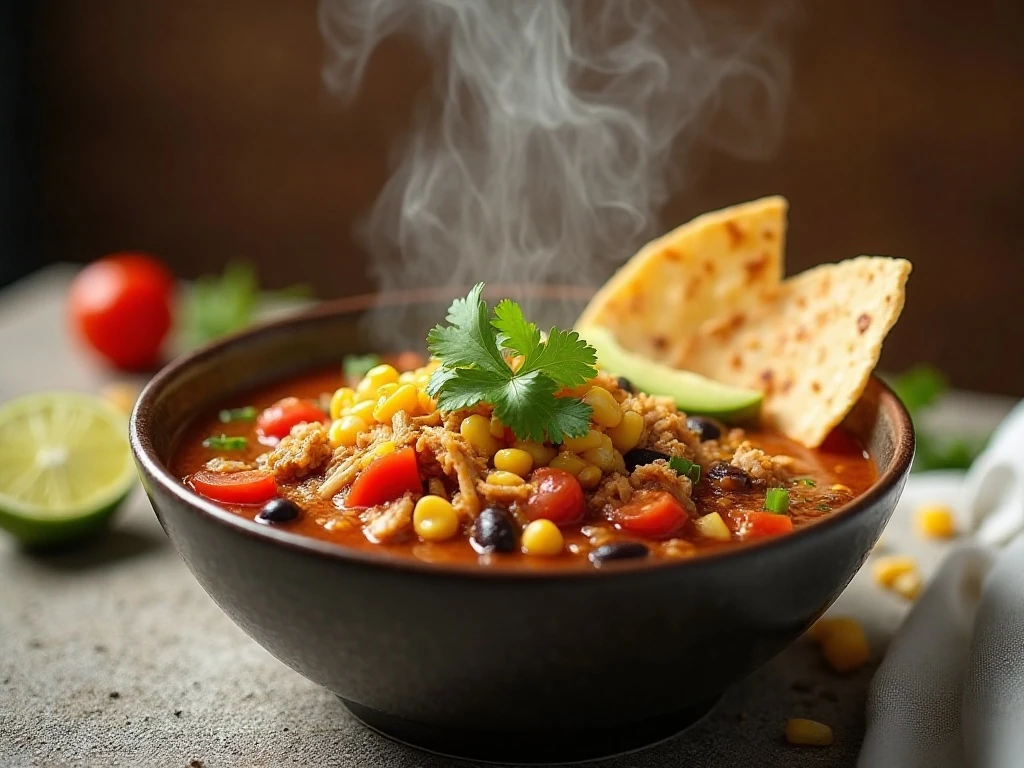 Healthy chicken taco soup with shredded chicken, black beans, corn, and taco toppings