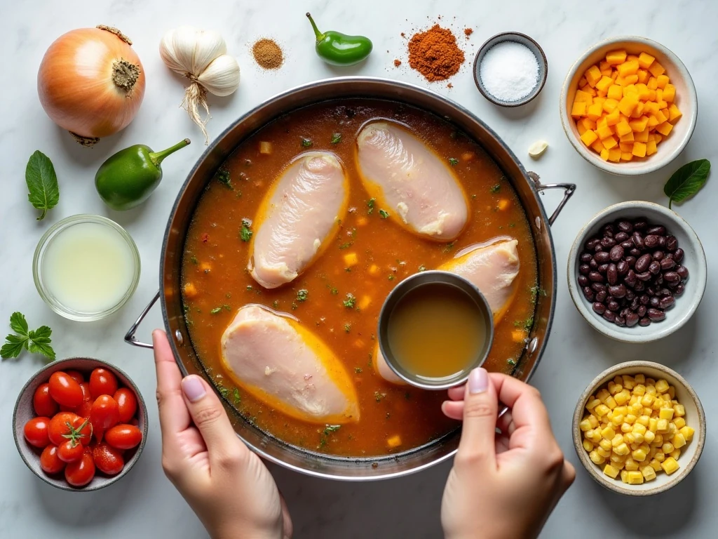 Ingredients for healthy chicken taco soup arranged for cooking