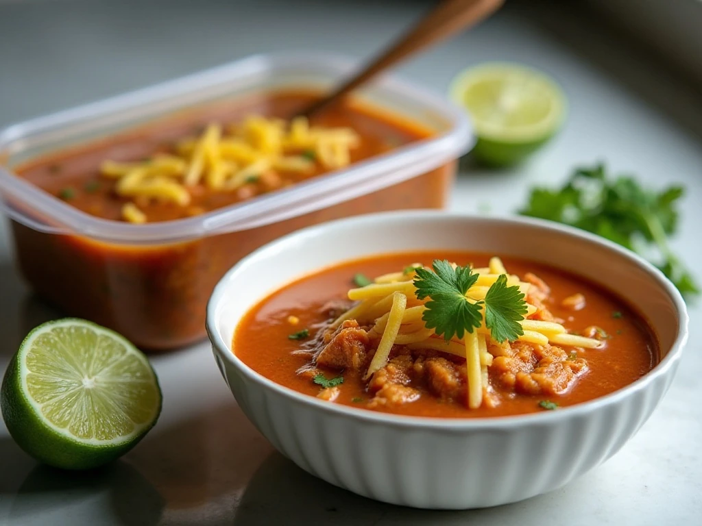 Healthy chicken taco soup prepared for leftovers and meal prep
