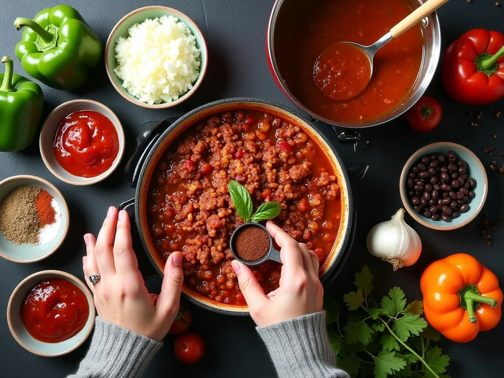 Ingredients for healthy chili with turkey, beans, peppers, tomatoes, and spices
