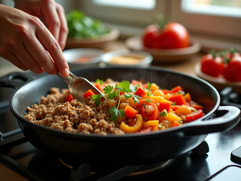 Ground turkey and vegetables cooking for a healthy chili recipe