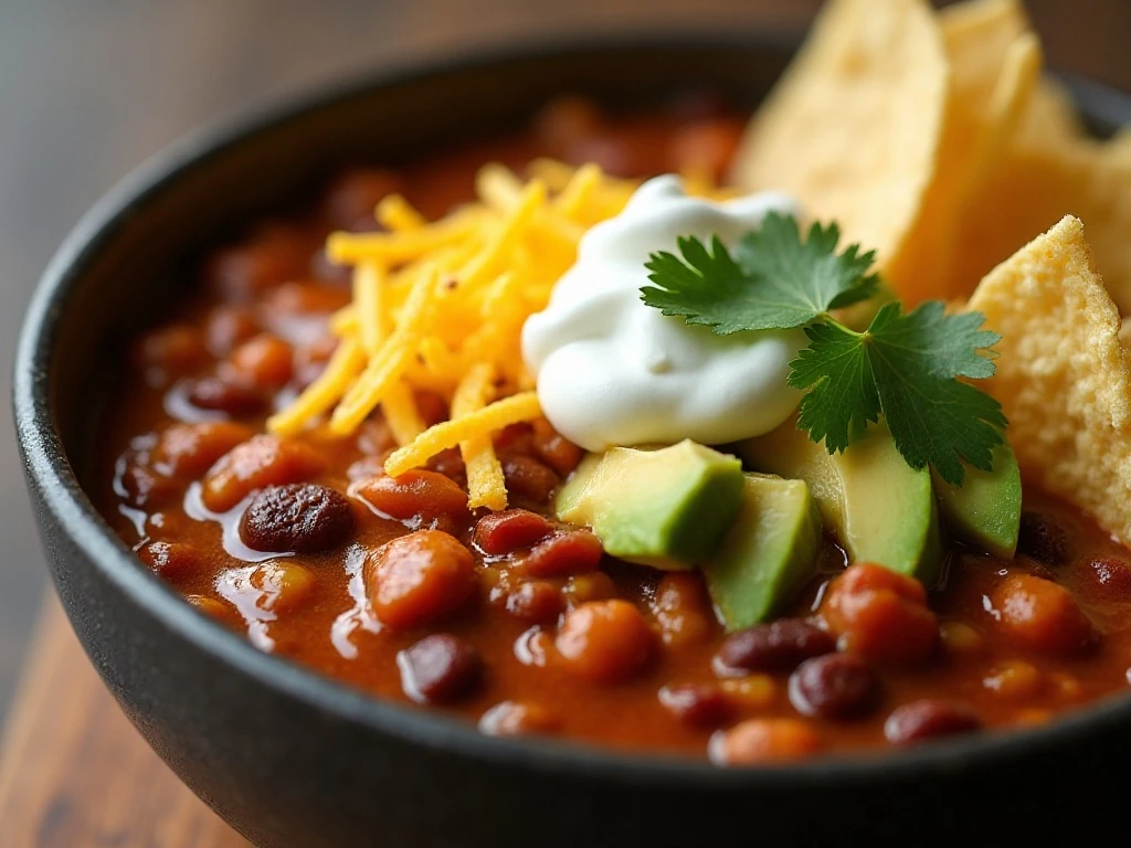 Healthy chili topped with cheddar, Greek yogurt, avocado, cilantro, and tortilla chips