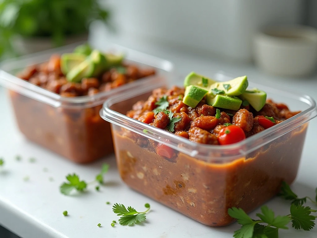 Healthy chili stored for meal prep and served reheated with fresh toppings
