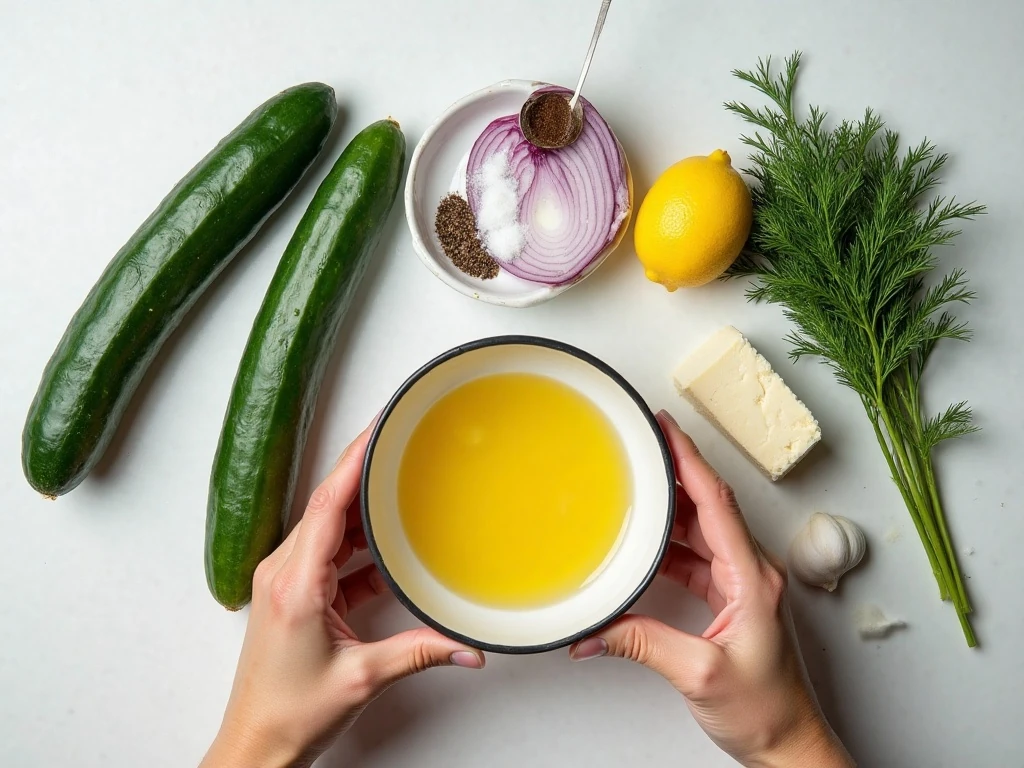 Ingredients for healthy cucumber salad arranged on a kitchen surface