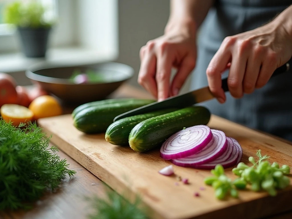 Slicing cucumbers and red onion for a fresh cucumber salad