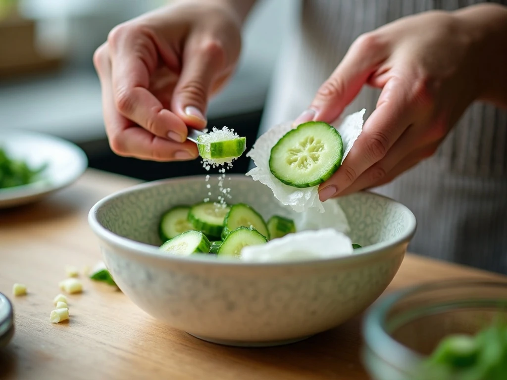 Salting and draining cucumber slices to keep salad crisp