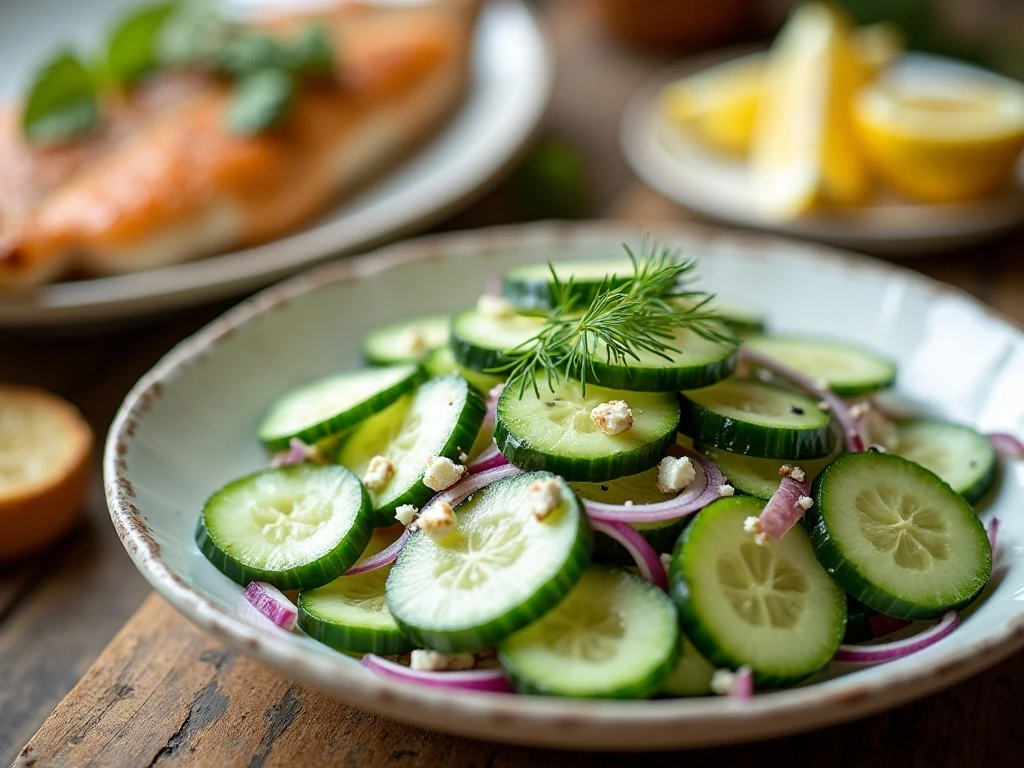 Cucumber salad served as a fresh side dish with grilled food