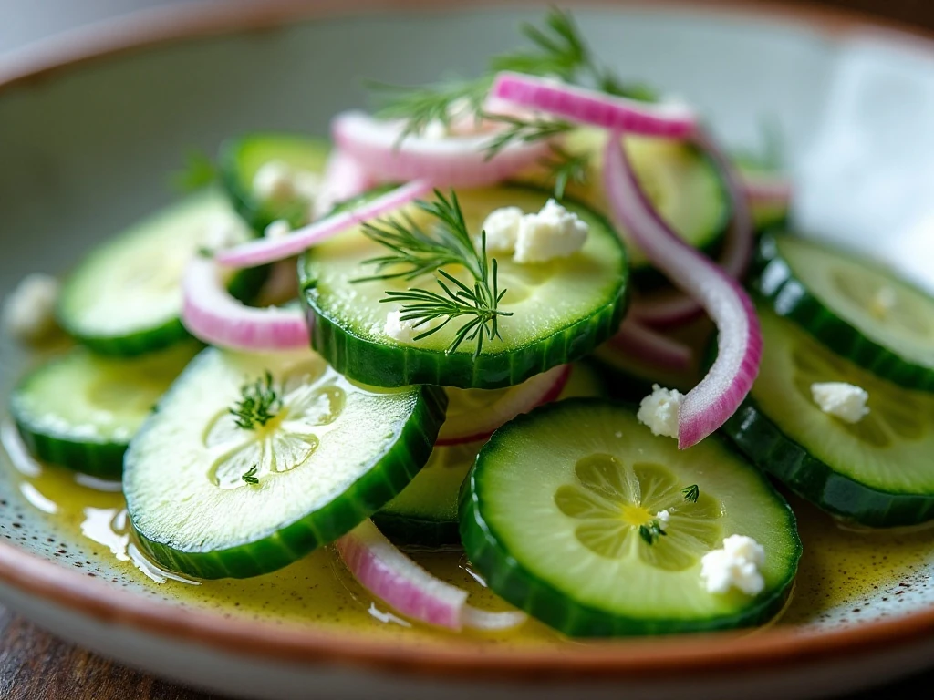 Close-up of cucumber salad garnished with dill and feta