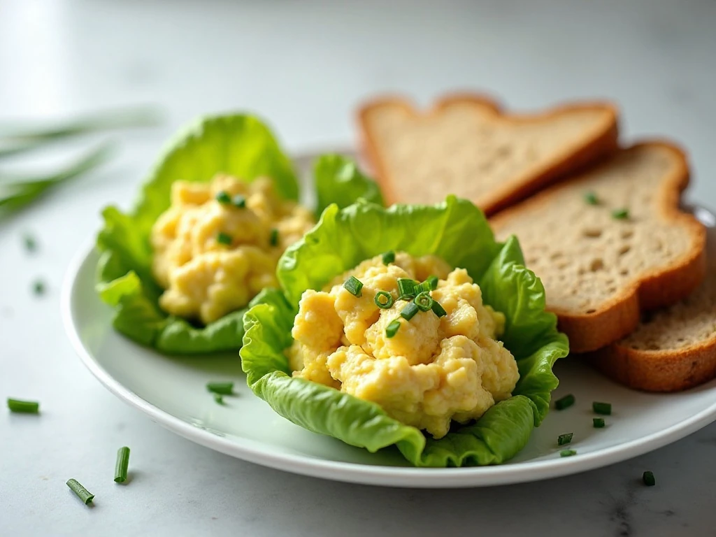 Healthy creamy egg salad served in lettuce cups with whole-grain toast