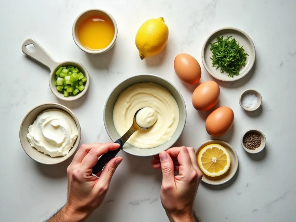 Ingredients for healthy egg salad with Greek yogurt and fresh chives