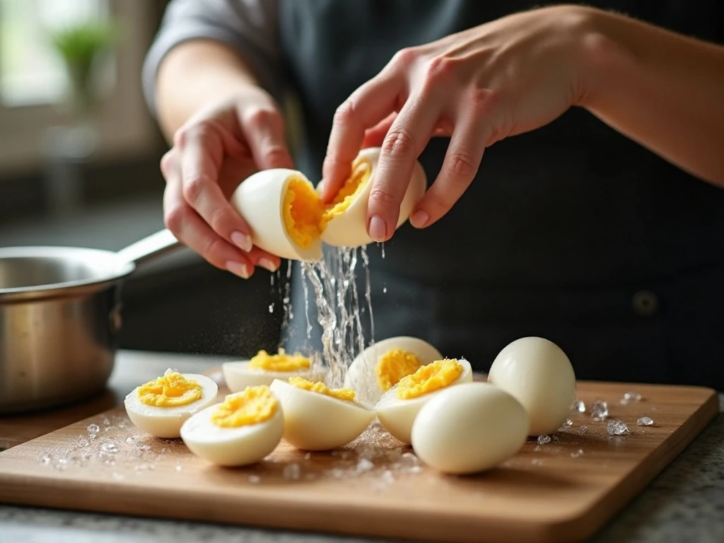 Eggs cooling in an ice-water bath before being chopped for egg salad