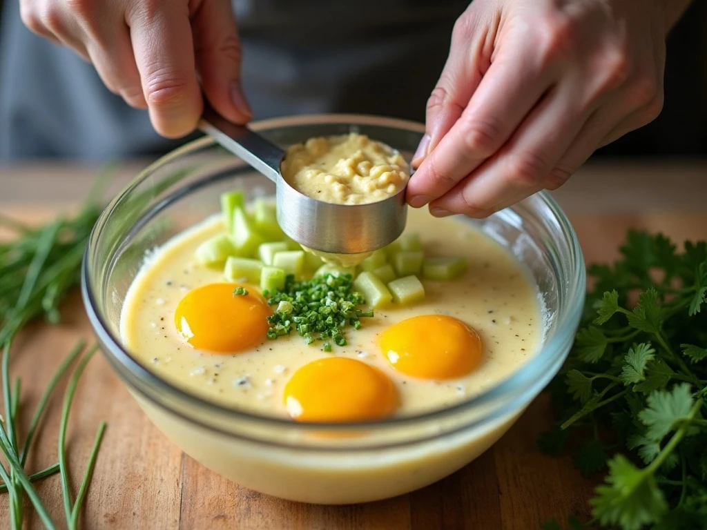 Gently folding chopped eggs and creamy dressing for egg salad