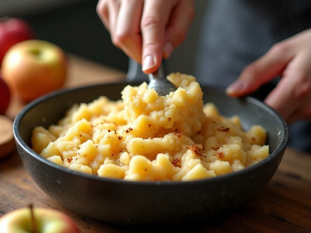 Soft cooked apples being mashed into chunky applesauce