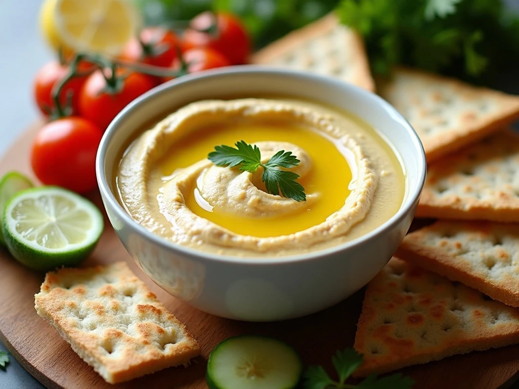 Creamy healthy homemade hummus served with vegetables and pita
