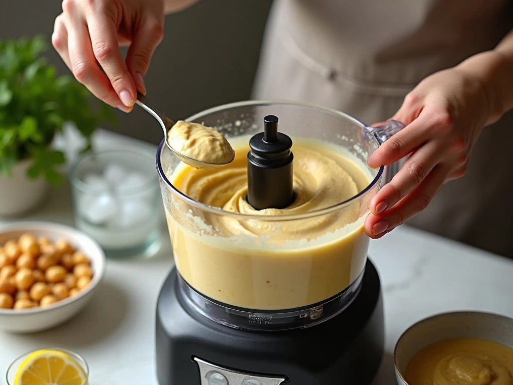 Food processor blending ingredients for homemade hummus