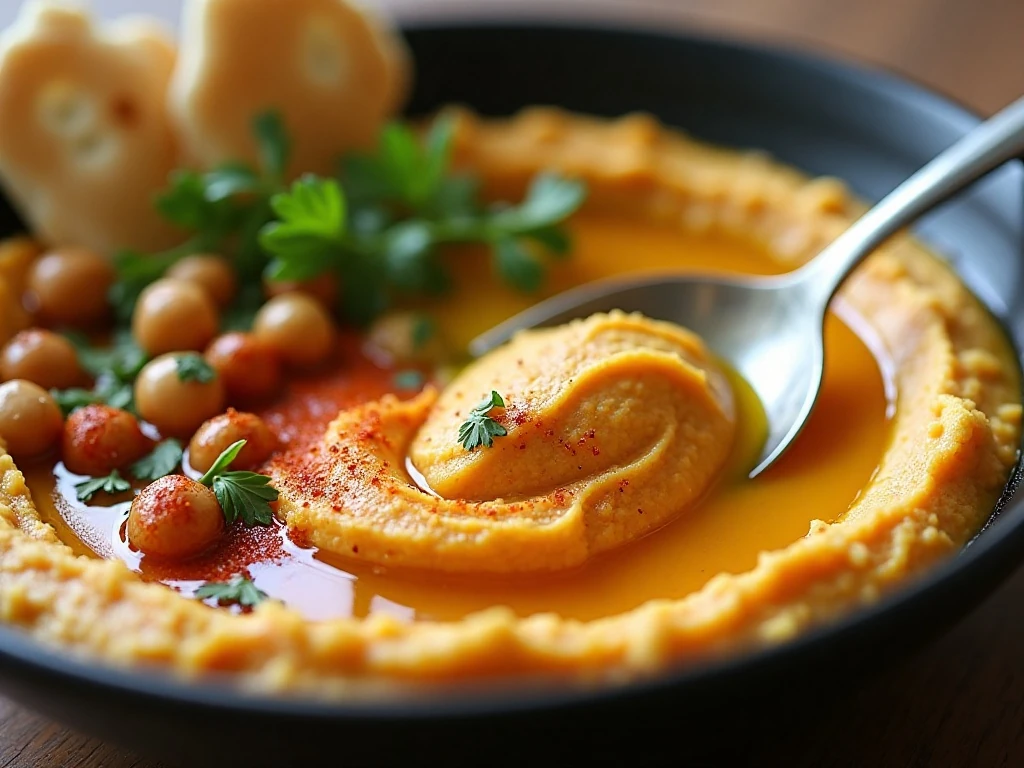 Hummus bowl garnished with olive oil paprika parsley and chickpeas