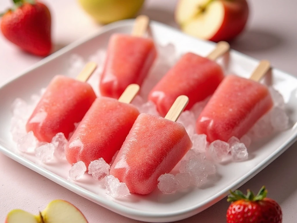 Homemade strawberry-apple ice pops arranged on a white platter