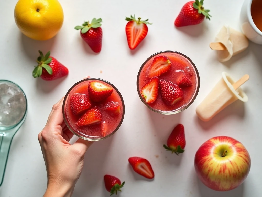 Ingredients for healthy homemade strawberry-apple ice pops