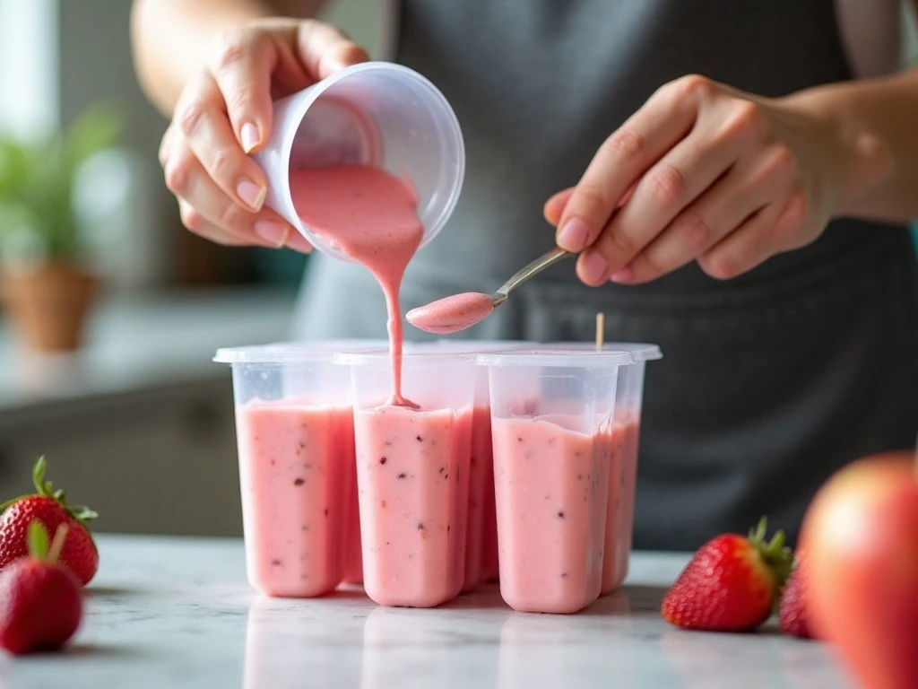 Blending and filling molds for strawberry-apple ice pops