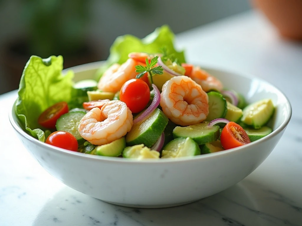 Healthy lettuce shrimp and avocado salad in a white serving bowl