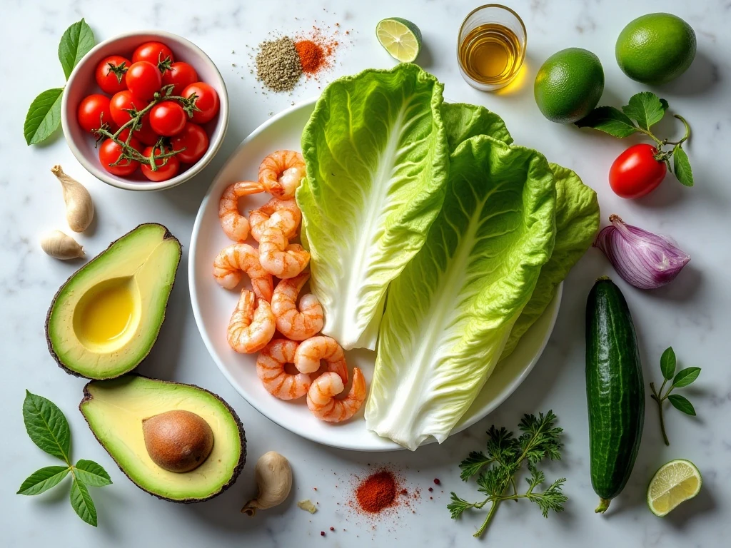 Ingredients for lettuce shrimp and avocado salad with lime dressing