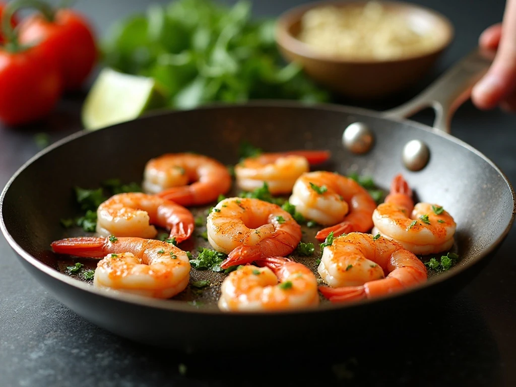 Shrimp cooking in a skillet for a fresh avocado salad