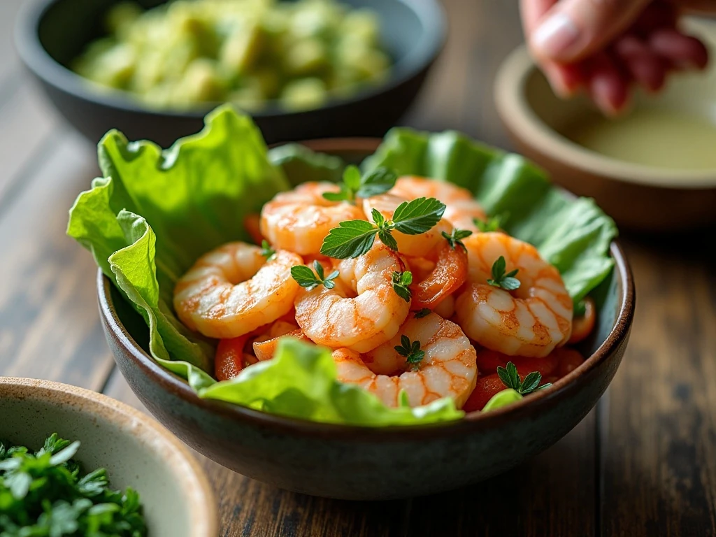Prepared crisp lettuce cooled shrimp and avocado for salad assembly