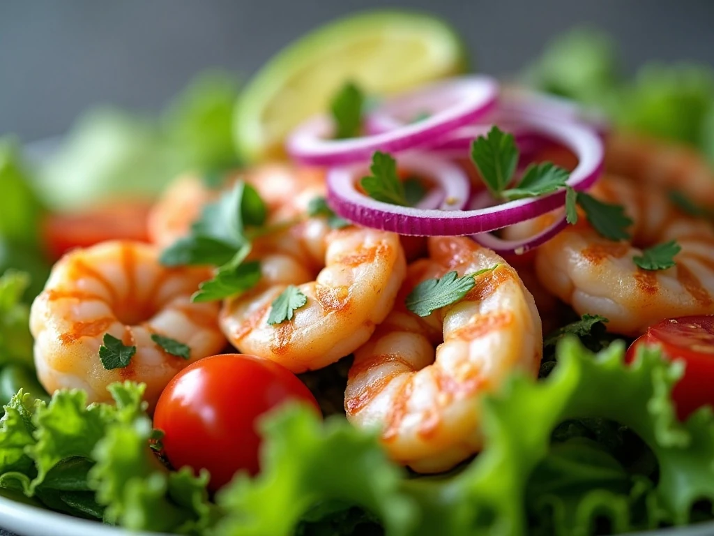 Close-up of lime dressed shrimp avocado salad garnished with cilantro