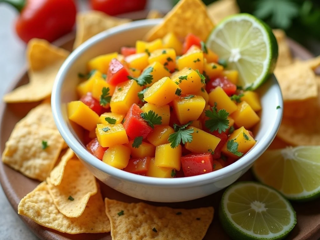 Healthy mango salsa served with tortilla chips and lime wedges