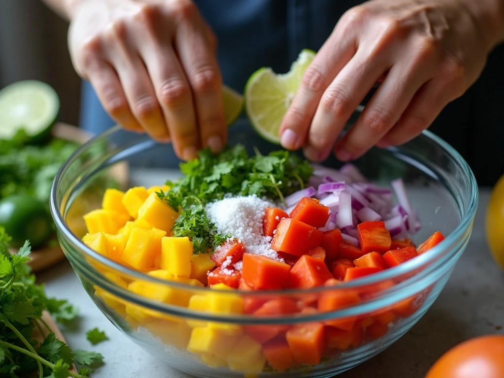 Fresh mango salsa ingredients being gently folded together