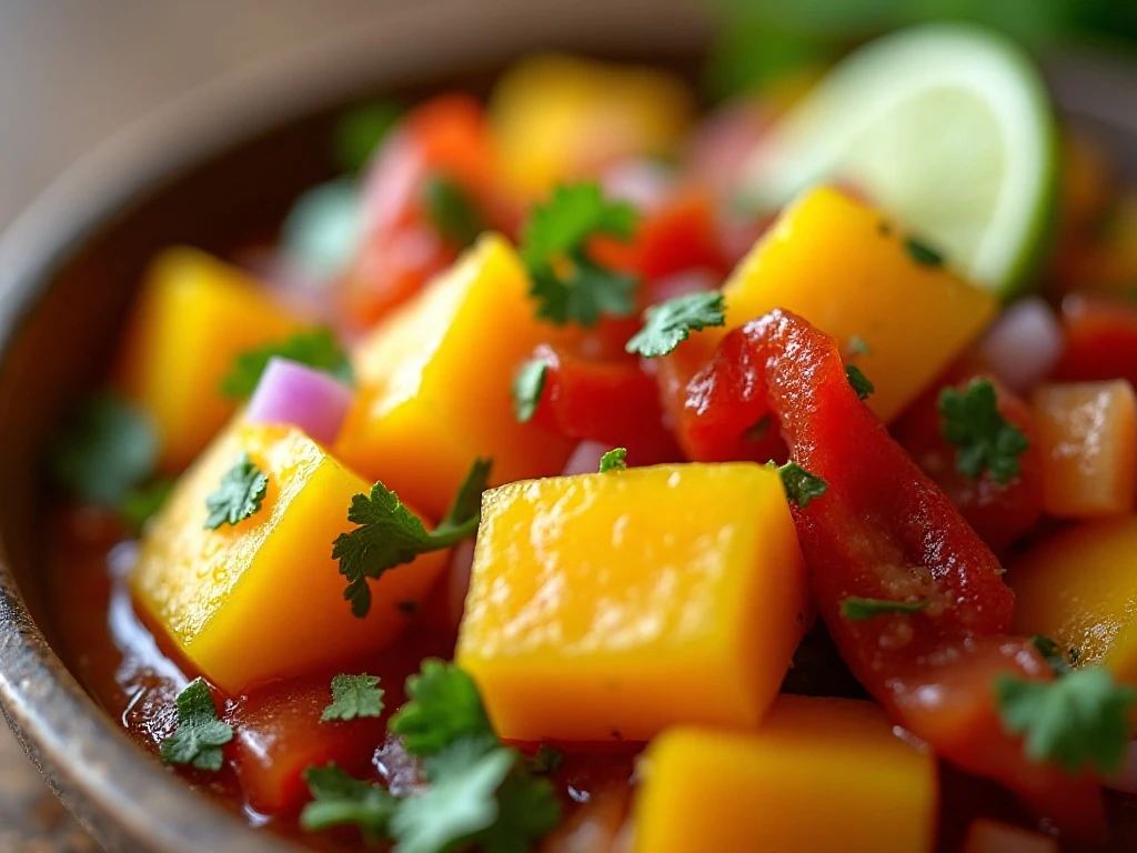 Close-up of fresh mango salsa texture and colorful ingredients