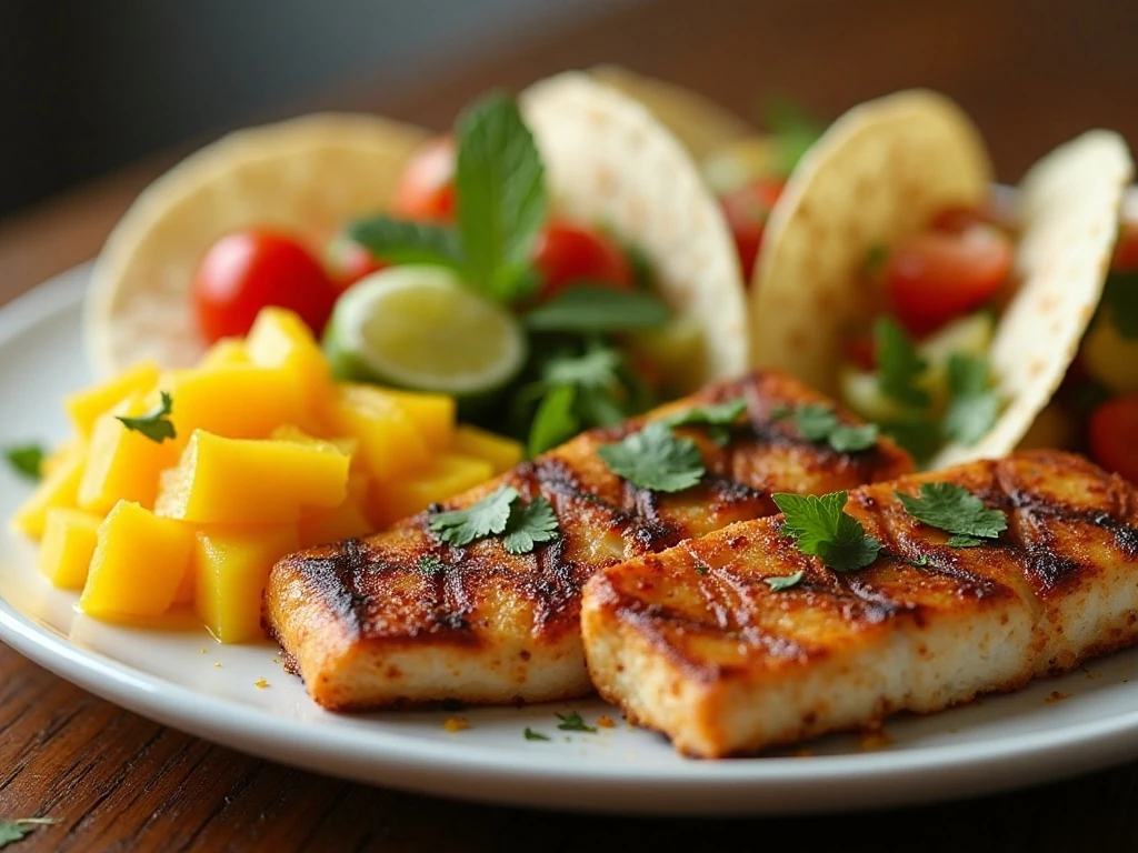 Mango salsa served with chips, grilled fish, tacos, and salad